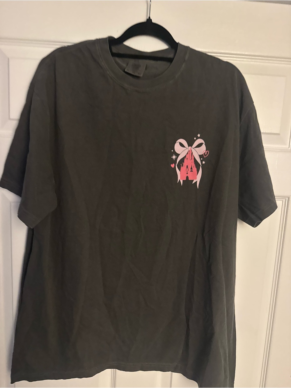 Women (Unisex Fit) Pepper color Disney Graphic Tee with Pink Ribbon Castle